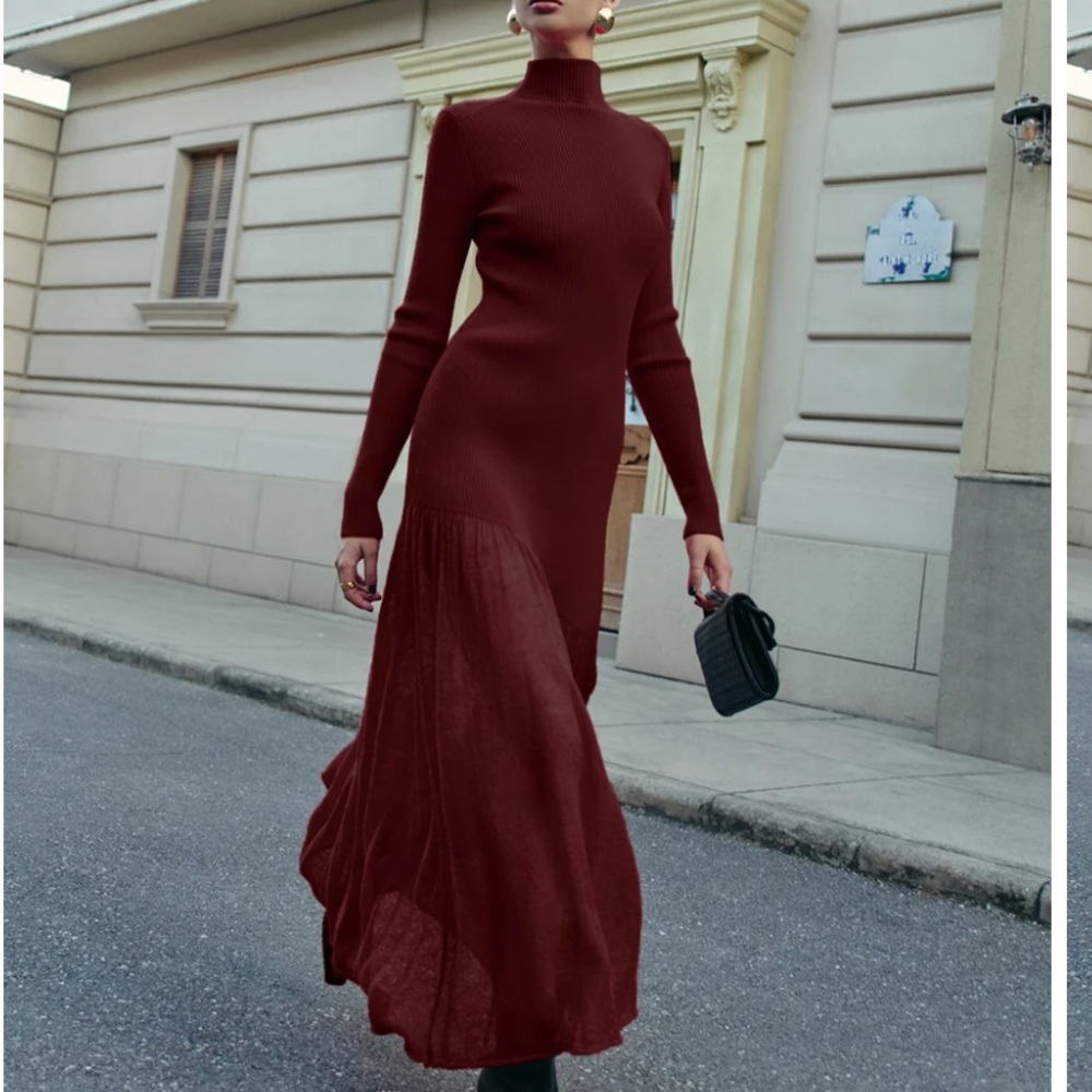 Commense Long Sleeve Turtleneck Maxi Dress in Deep Burgundy